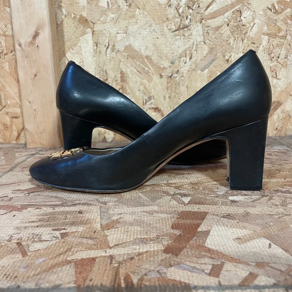 Tory Burch Block Heel Pumps Womens Size 9.5 Janey Black Gold Logo Leather Heels